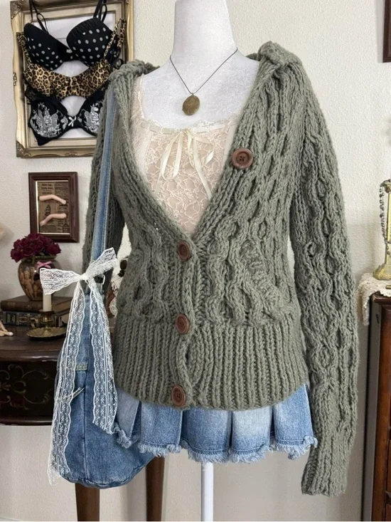 y2k cozy fairy grunge boho twee sage green chunky knit hooded cardigan w pockets - Picture 2 of 6